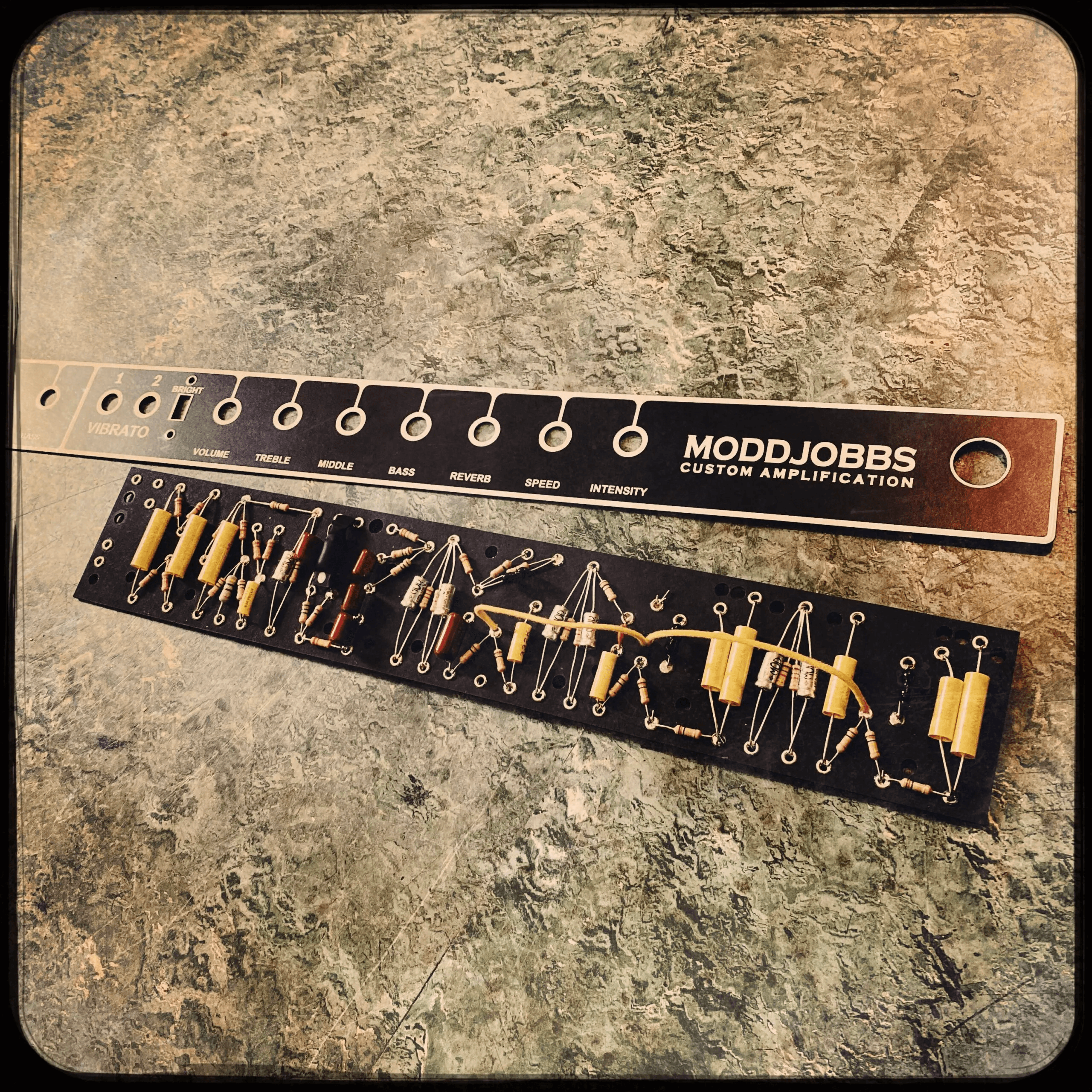 Custom Moddjobbs amplifier faceplate and hand-wired eyelet board